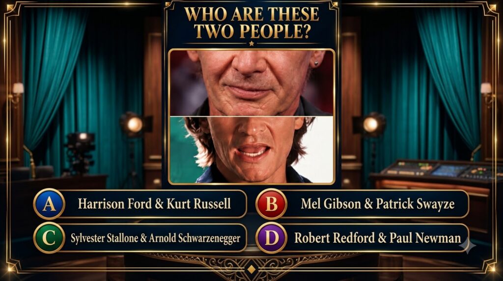 A mobile-friendly quiz game interface featuring the question WHO ARE THESE TWO PEOPLE and two horizontal split close-up