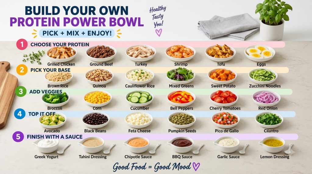 An infographic showing five distinct categories Proteins Bases Veggies Toppings and Sauces each displaying various healt