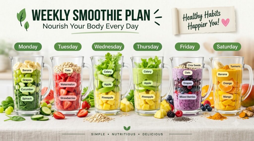 An organized infographic showing a Weekly Smoothie Plan with six different smoothie recipes each in a transparent blende