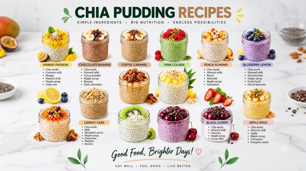 An infographic displaying 12 different chia pudding recipes in glass jars with various toppings like fruits nuts and see
