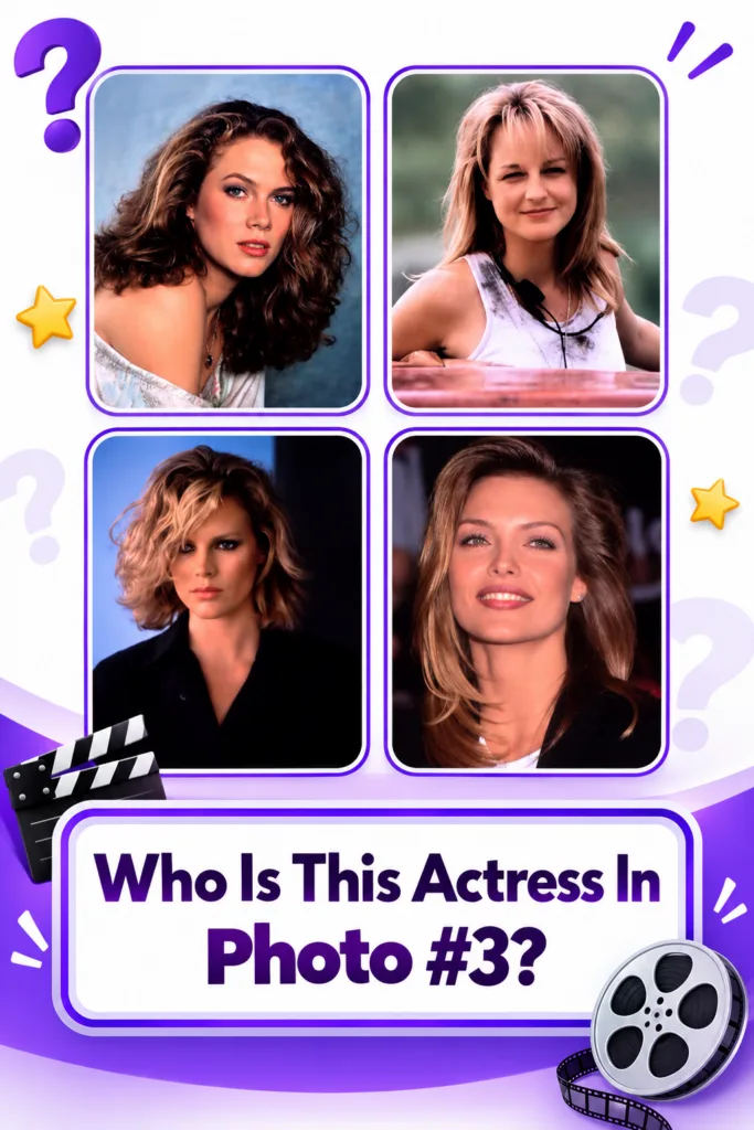 A vibrant purple and white themed celebrity trivia quiz image with four headshot photographs of actresses in a 2x2 grid 