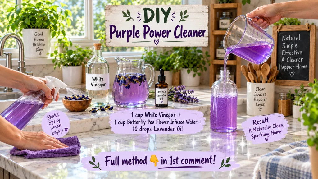 A person pouring homemade purple fabric softener into a clear glass bottle in a bright kitchen
