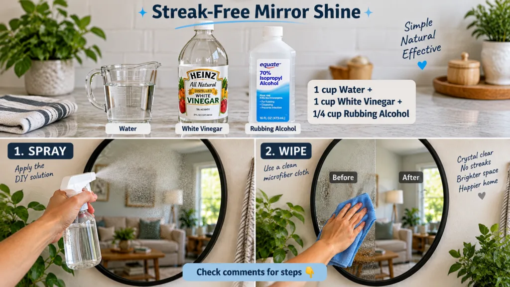 A hand holding a transparent spray bottle with orange-pink liquid spraying a round mirror that reflects a cozy living ro