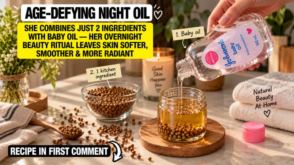 A hand pouring baby oil into a glass jar containing turmeric powder with a bowl of turmeric a Good Skin Happier You cand