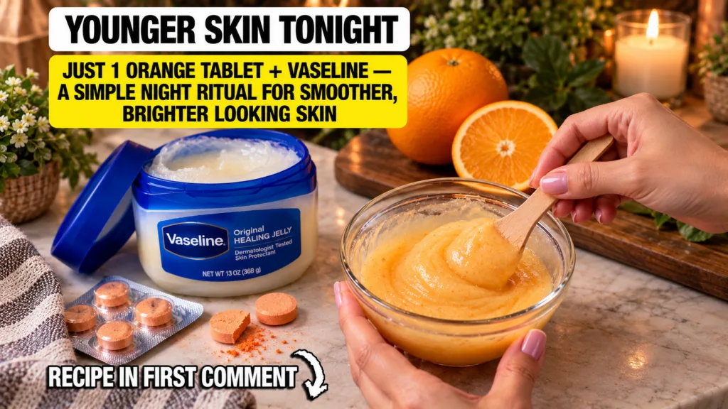Hands preparing a beauty mixture with a creamy orange substance in a glass bowl a jar of Vaseline orange Vitamin C table