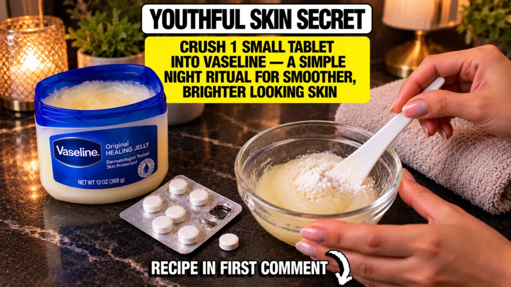 Hands preparing a homemade beauty treatment crushing a white tablet into powder on top of Vaseline jelly in a small glas