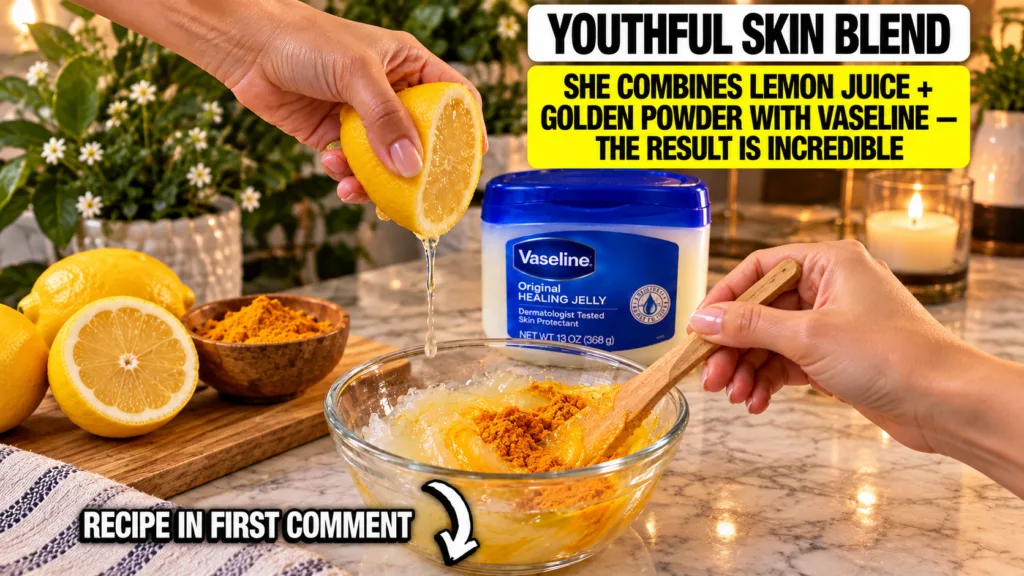 Hands preparing a beauty blend with lemon juice dripping into Vaseline and turmeric powder in a glass bowl with a wooden