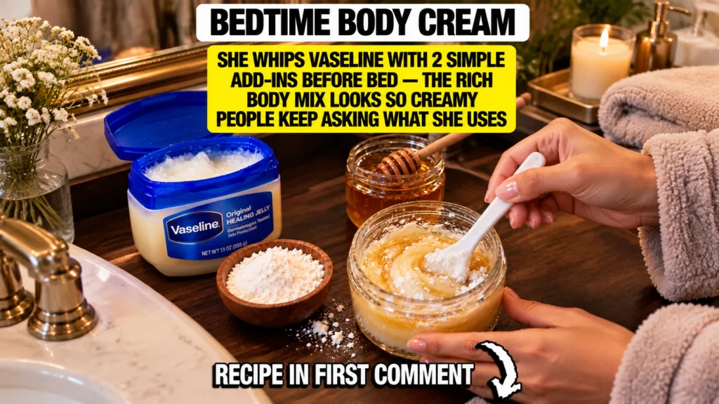 A close-up of hands mixing Vaseline rice powder and honey in a glass jar with the ingredients laid out on a rustic surfa
