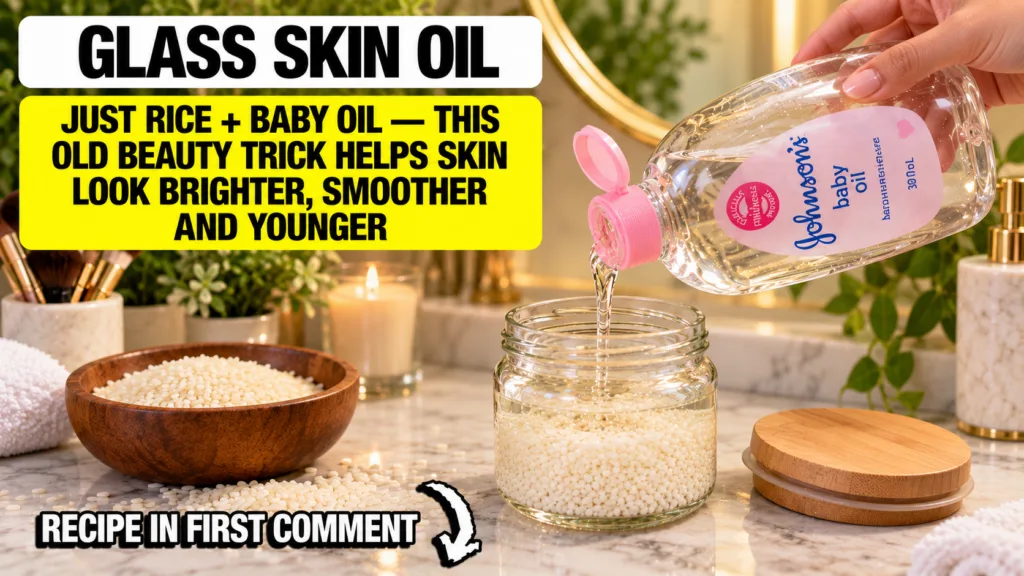 A hand pouring baby oil into a glass jar filled with raw white rice surrounded by beauty preparation items like a wooden