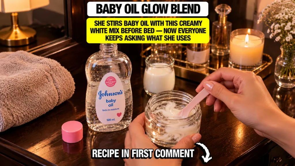 Hands gently mixing baby oil with a creamy white substance in a small glass jar using a pink spatula A bottle of Johnson
