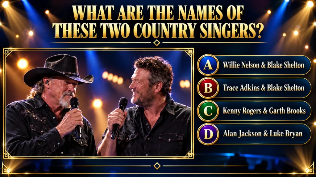 A vertical 9 16 quiz graphic showing two male country singers Trace Adkins and Blake Shelton holding microphones on a br