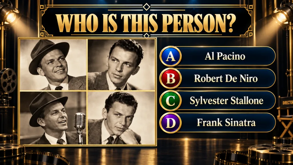 A trivia quiz asking WHO IS THIS PERSON featuring a 2x2 grid of four black and white portraits of a young Frank Sinatra 