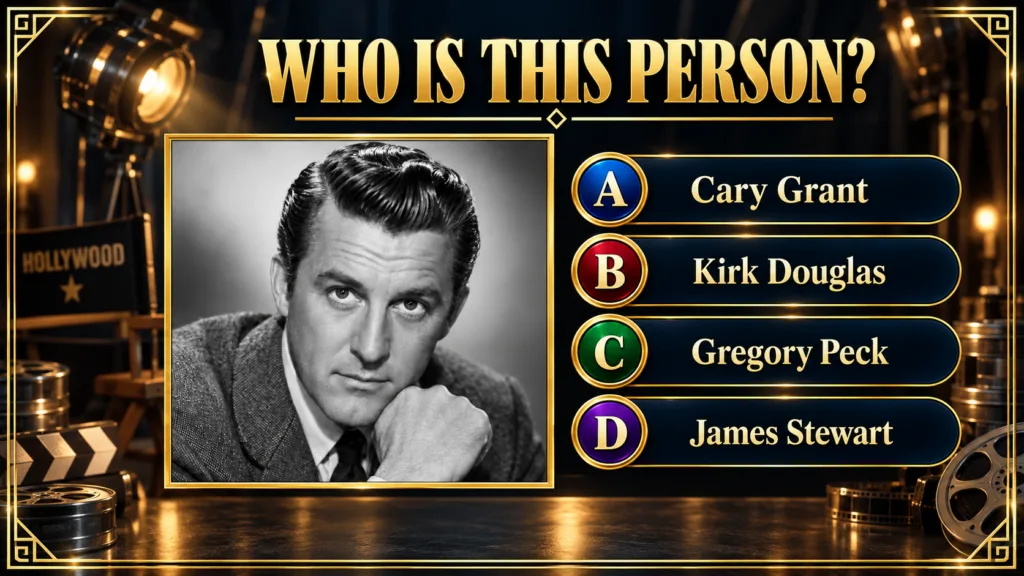 A black and white portrait of Kirk Douglas centered within a golden-framed trivia quiz asking WHO IS THIS PERSON with mu