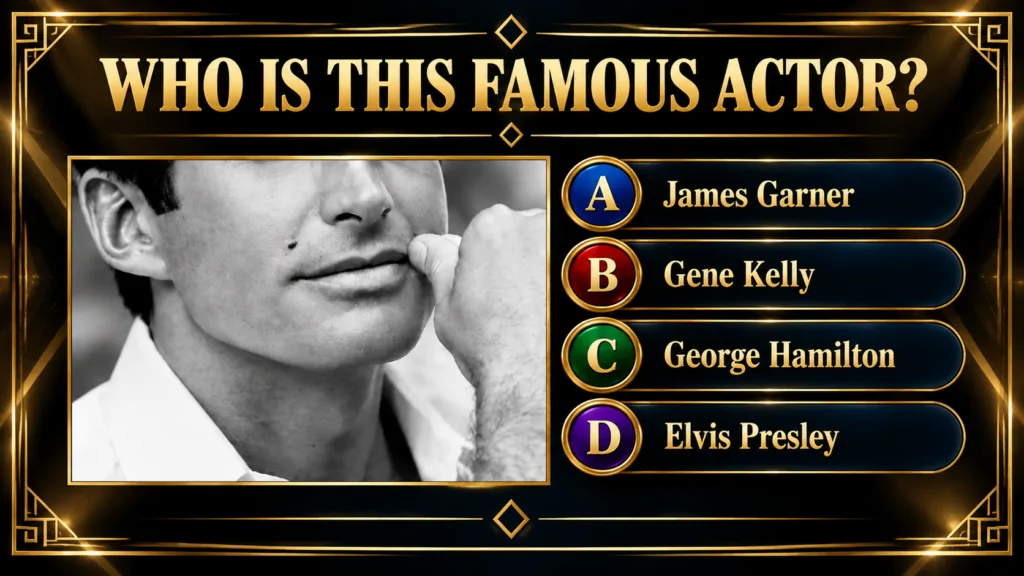 A quiz card asking WHO IS THIS FAMOUS ACTOR with a black and white close-up of a man s lower face mouth chin hand and fo