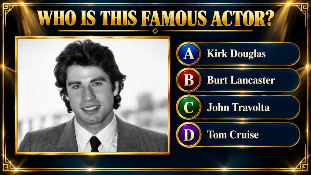 A black and white portrait of a young John Travolta smiling gently The image is framed by a gold border and above it a l