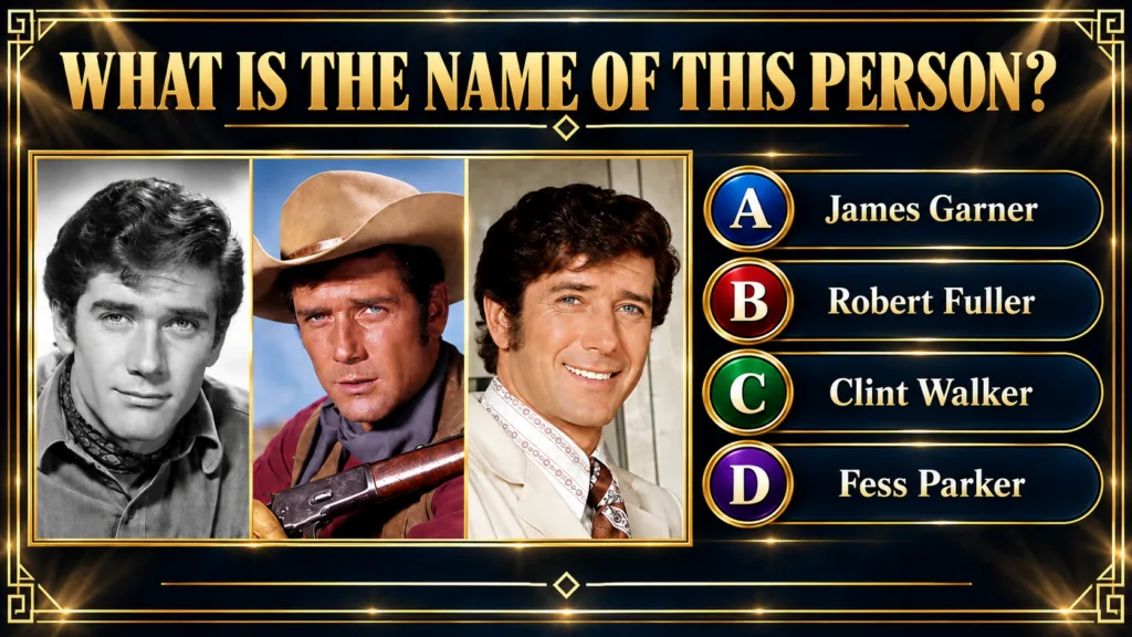 A retro-themed trivia quiz screen asking WHAT IS THE NAME OF THIS PERSON with three framed portraits of male actors and