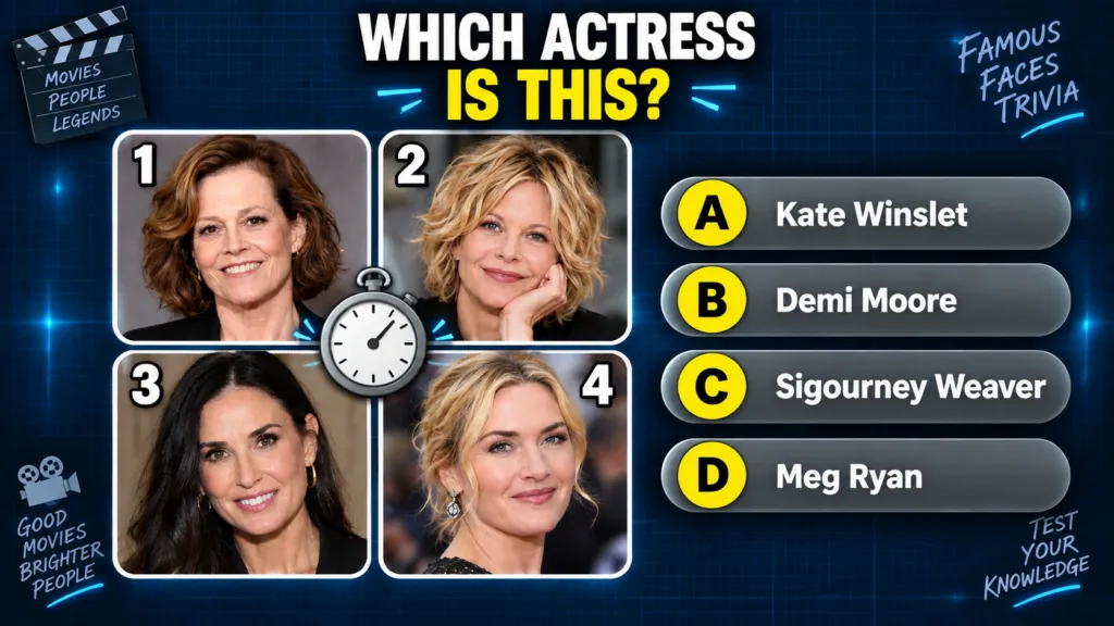 A multiple-choice quiz image featuring four different portrait photos of actress Demi Moore from different stages of her