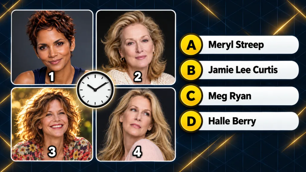 A multiple-choice quiz showing four framed portraits of female celebrities Halle Berry Meg Ryan Jamie Lee Curtis Meryl S