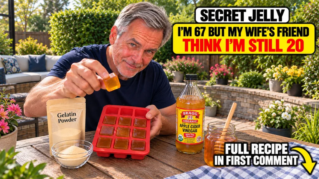 A smiling middle-aged man holding a red silicone mold filled with square jelly cubes and presenting one cube to the came