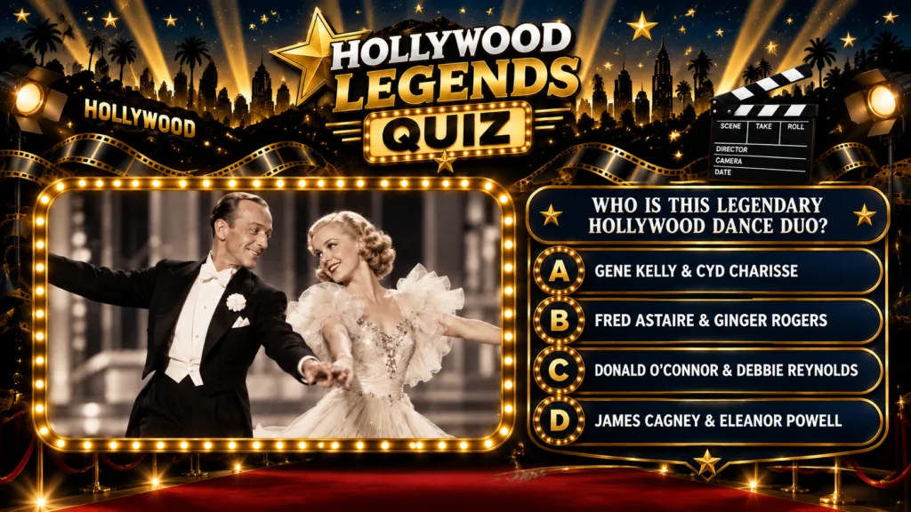 Fred Astaire and Ginger Rogers dancing elegantly in a black and white still framed by a glowing marquee border