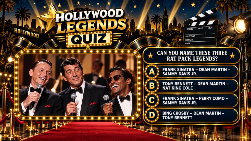 A vibrant quiz graphic titled Hollywood Legends Quiz featuring a triptych of Frank Sinatra Dean Martin and Sammy Davis J