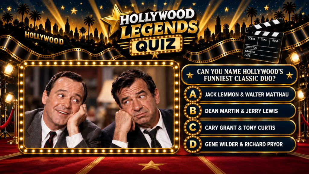 A promotional graphic for a Hollywood Legends Quiz featuring Jack Lemmon and Walter Matthau with a quiz question about n