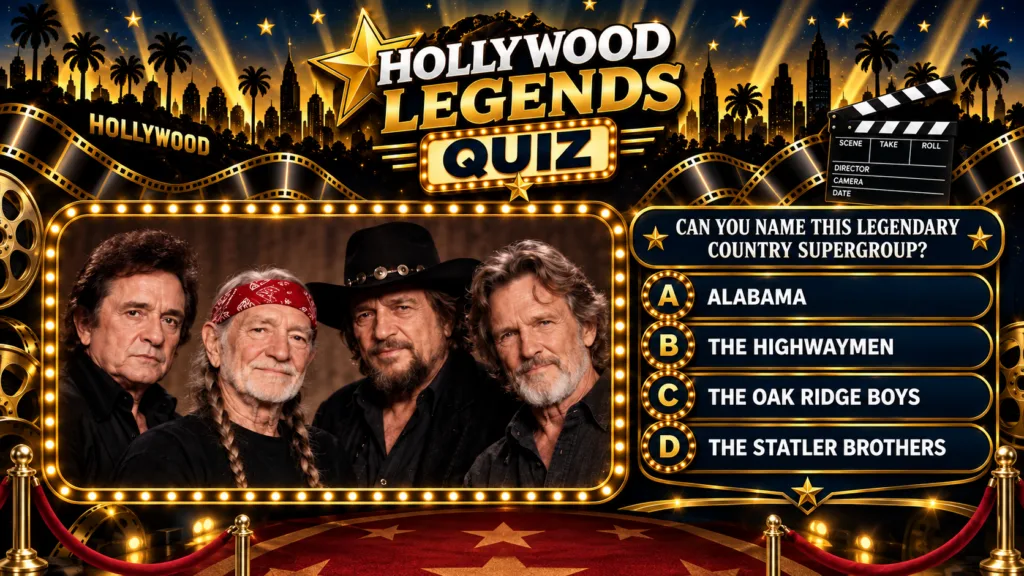 A vibrant quiz image with a Hollywood theme featuring a central portrait of Johnny Cash Willie Nelson Waylon Jennings an