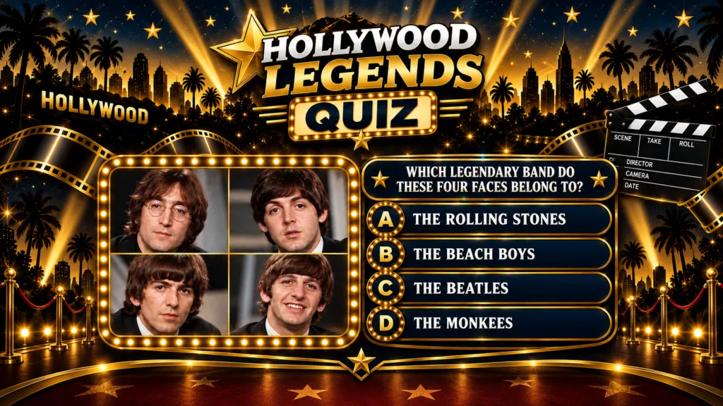 A Hollywood Legends Quiz graphic featuring framed portraits of The Beatles John Lennon Paul McCartney George Harrison an