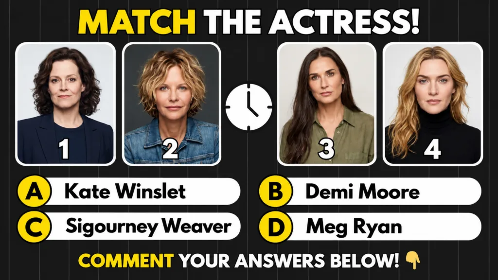 A multiple-choice quiz image titled Match the Actress showing four different headshots of Demi Moore at various stages o
