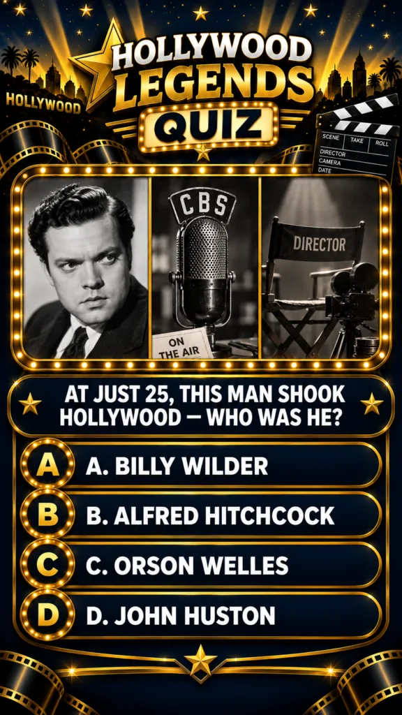 A vintage Hollywood-themed quiz graphic featuring Orson Welles a CBS microphone and a director s chair with a starry sky