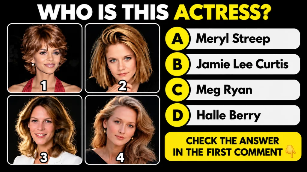 Four headshots of actress Meg Ryan at different stages of her career presented as a quiz with multiple-choice options be