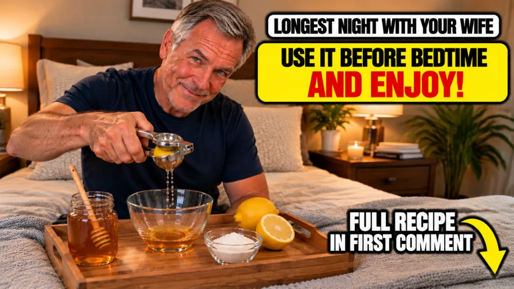 A smiling middle-aged man squeezing a lemon into a glass bowl on a wooden tray in a cozy bedroom setting On the tray the