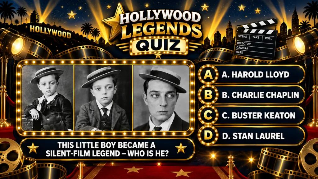 A quiz image asking to identify Buster Keaton showing his black-and-white portraits from childhood to adulthood within a