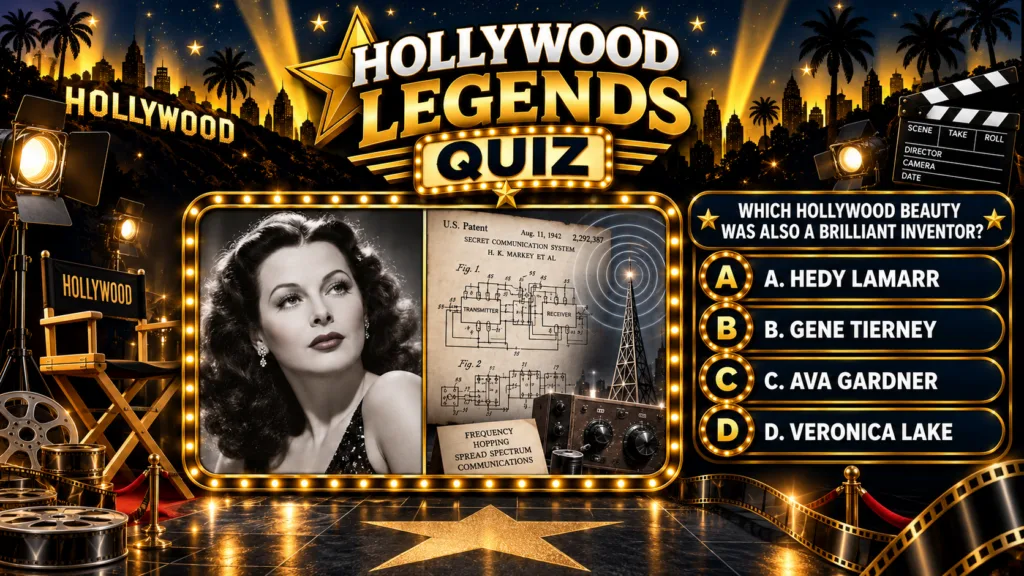 A striking visual contrasting a black and white portrait of Hedy Lamarr on one side with a patent diagram for frequency 