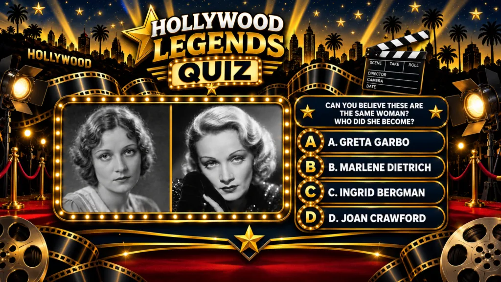 A vertical quiz card showing two black and white portraits of Marlene Dietrich at different ages surrounded by golden st