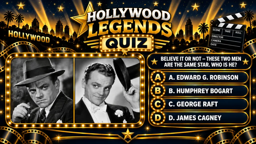A quiz poster with a split screen showing two black-and-white portraits of James Cagney one as a tough gangster with a c