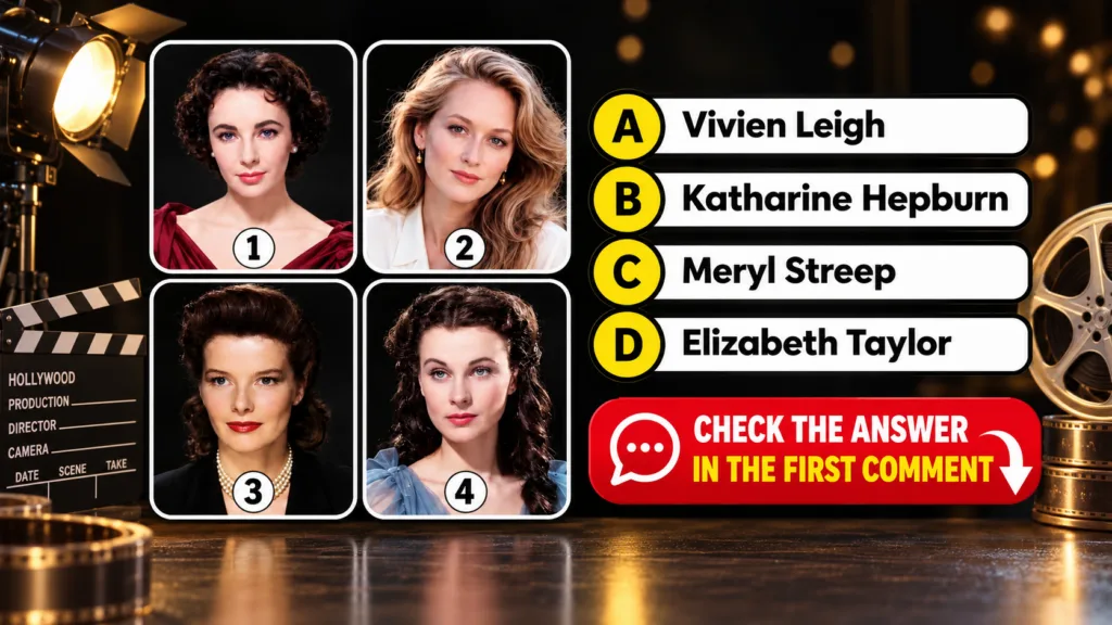 A multiple-choice quiz image showing four different portraits of Katharine Hepburn labeled 1 to 4 with multiple-choice o