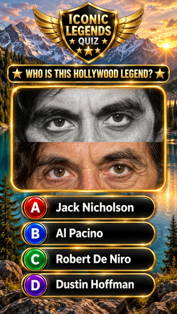 A mobile quiz interface titled ICONIC LEGENDS QUIZ asking WHO IS THIS HOLLYWOOD LEGEND It shows two close-up eye section