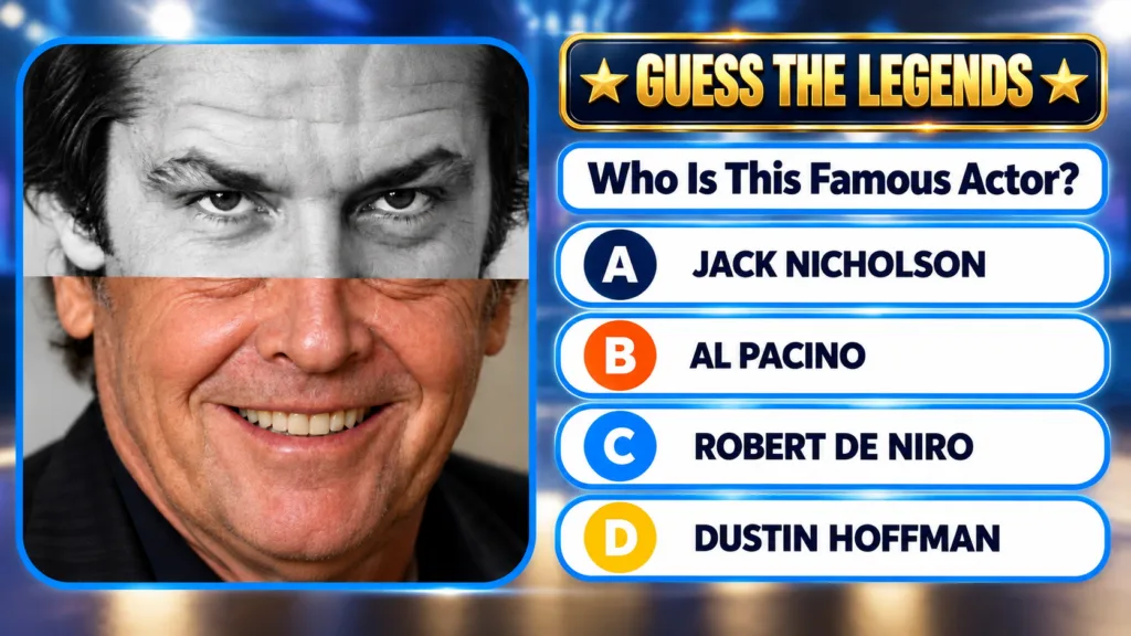 A mobile quiz game interface with a GUESS THE LEGENDS banner The central image is a split-face photo of an actor black a