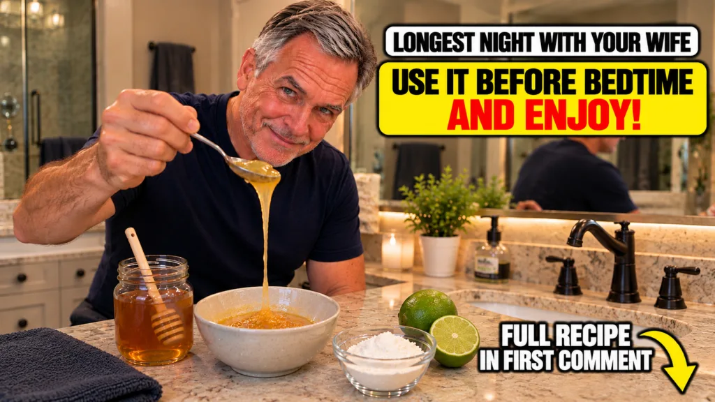 A smiling middle-aged man in a kitchen pouring honey from a spoon into a bowl There s a jar of honey a bowl of white pow