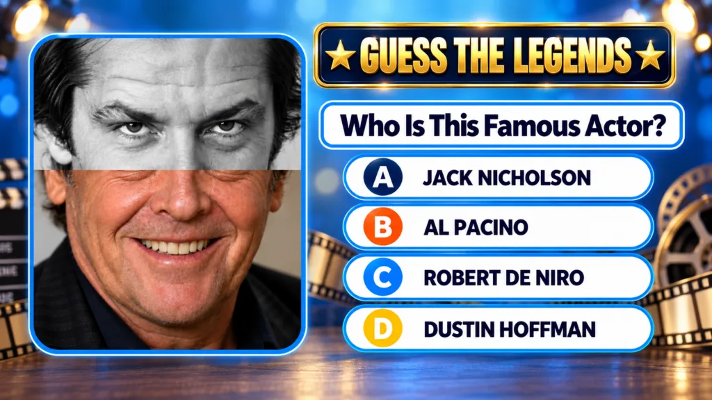 A mobile quiz interface titled GUESS THE LEGENDS featuring a composite portrait of an actor The upper half of the face e