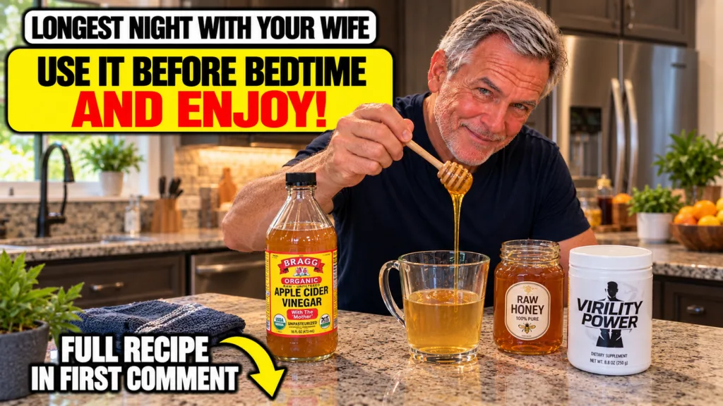 A smiling man in a home kitchen pouring honey from a wooden dipper into a clear glass mug On the counter there is a bott
