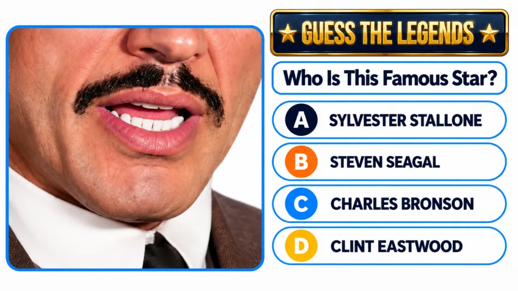 A close-up of a man s mouth and prominent mustache as seen in a mobile quiz game screen He is wearing a white collared s