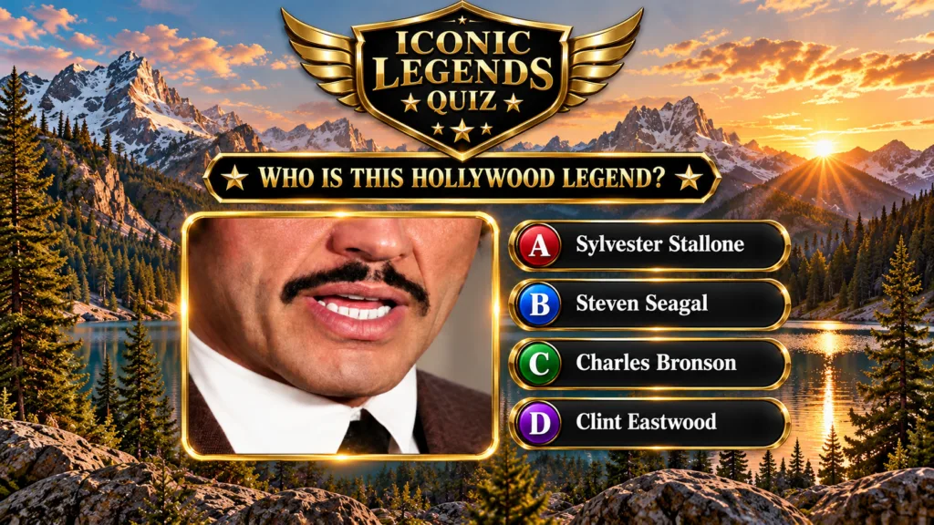 A mobile quiz interface titled ICONIC LEGENDS QUIZ asking WHO IS THIS HOLLYWOOD LEGEND The main subject is a tightly cro