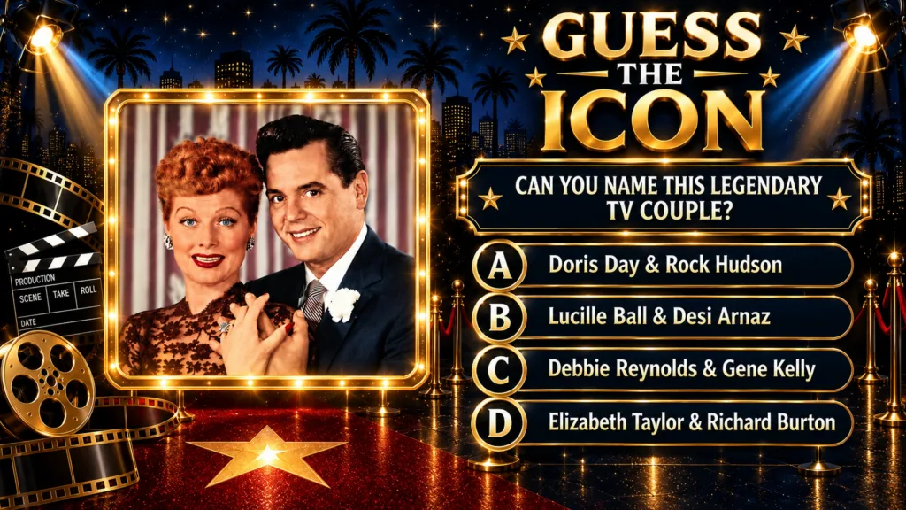 A vertical Guess the Icon quiz graphic featuring a framed picture of Lucille Ball and Desi Arnaz in the center The backg