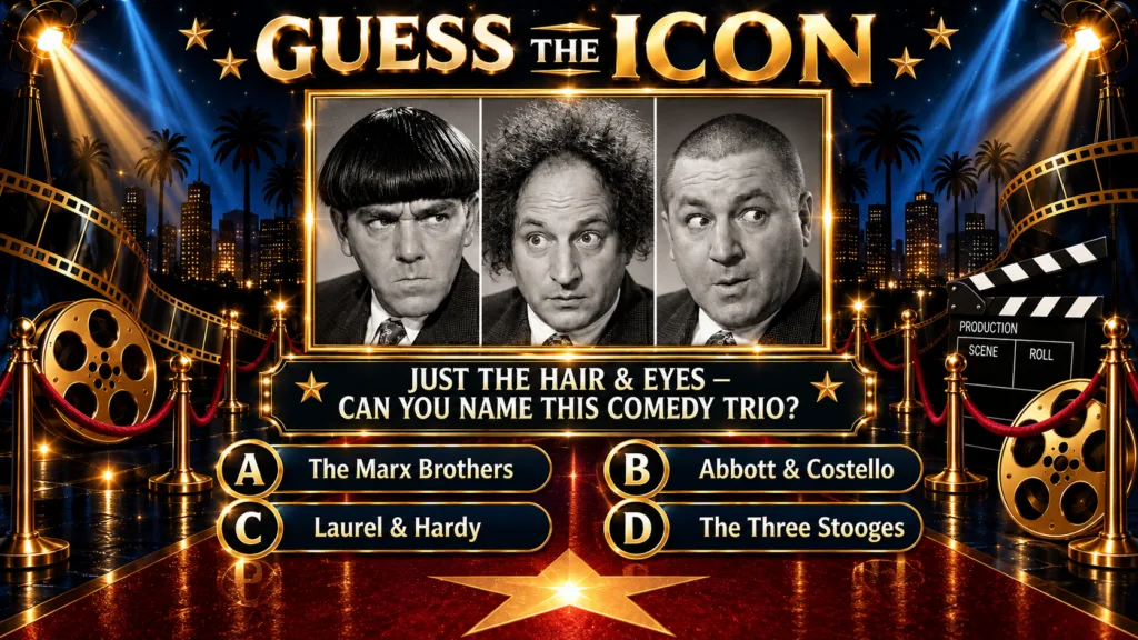 A game show-style graphic with three cropped black and white portraits of The Three Stooges Moe Howard Larry Fine Curly 