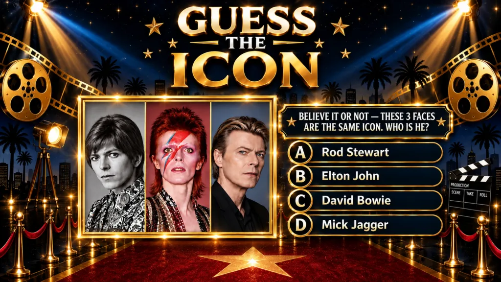 A quiz poster with three portraits of David Bowie from different eras young Ziggy Stardust and mature Framed in gold wit
