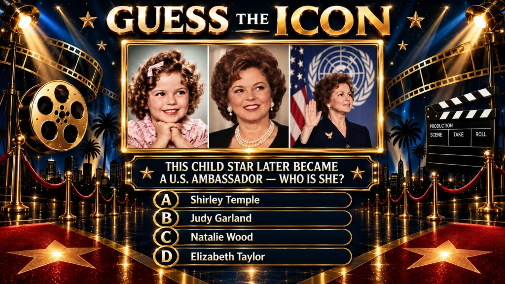 A Guess The Icon quiz card featuring three portraits of Shirley Temple at different life stages as a child star as an el