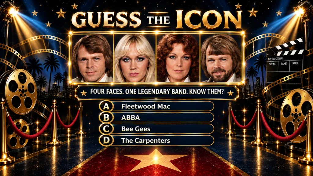 A vibrant movie-themed trivia poster featuring four portraits of the iconic pop group ABBA with golden elements stars fi