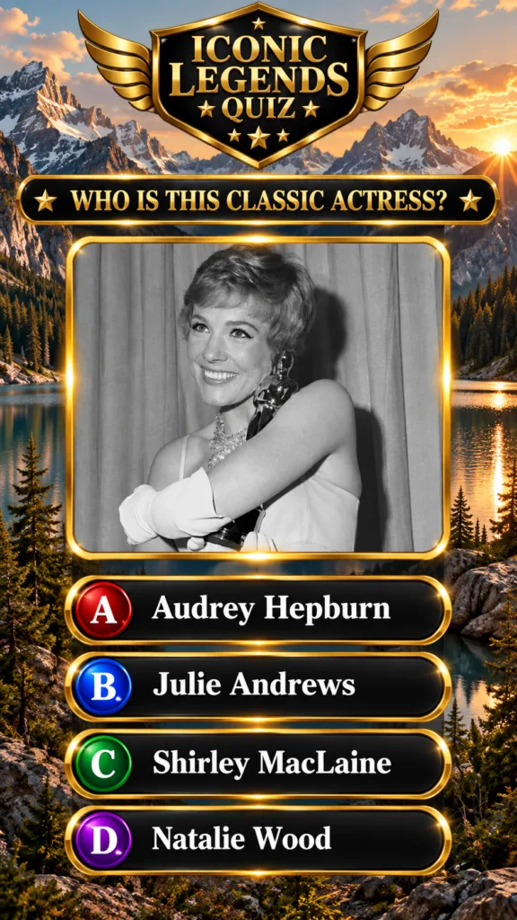 A black and white portrait of a smiling Julie Andrews holding an Oscar framed in gold against a vibrant landscape of sno